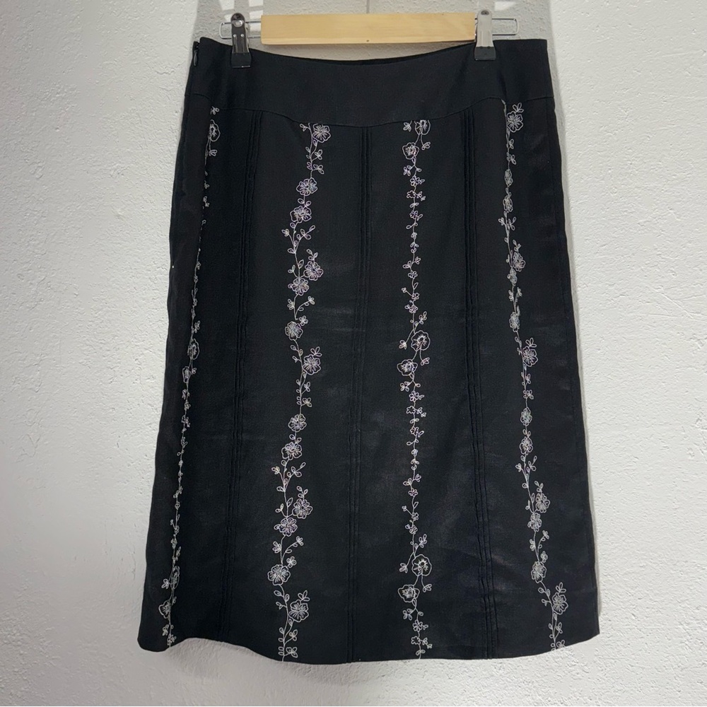 Madison & Max A-Line Skirt Black & Silver Women’s Size 6 Embroidered 100% Linen